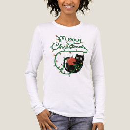 Camiseta Triblenda Feliz Navidad Gato negro con ornamento y luces