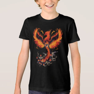 Camiseta Triblenda Fénix Ardiente Elevándose con Flores de Loto