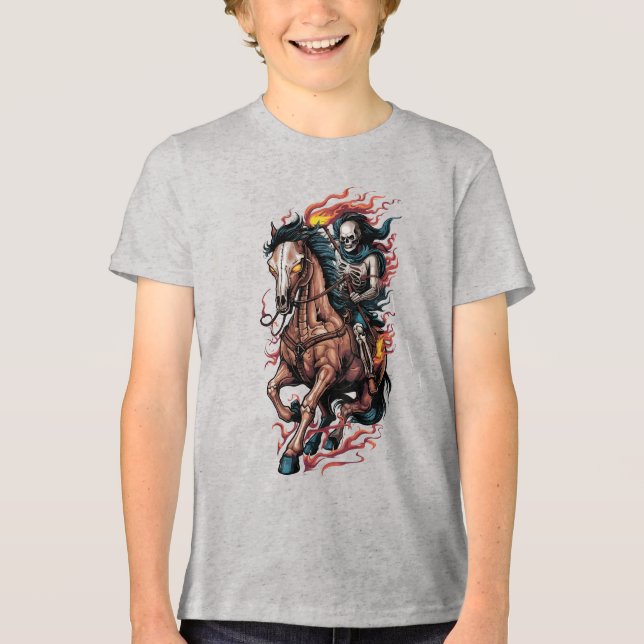 Camiseta Triblenda Feroy piloto de esqueletos en un caballo galopante (Anverso)