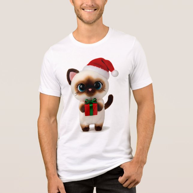 Camiseta Triblenda Festive Siamese Cat with Santa Hat and Gift Box (Anverso)