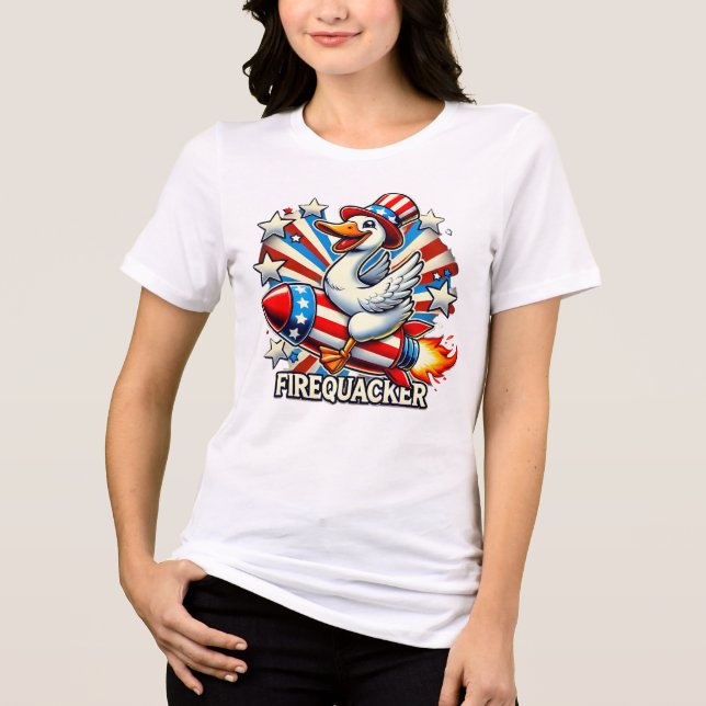 Camiseta Triblenda FIREQUACKER - Gracioso ganso patriótico en un cohe (Anverso)