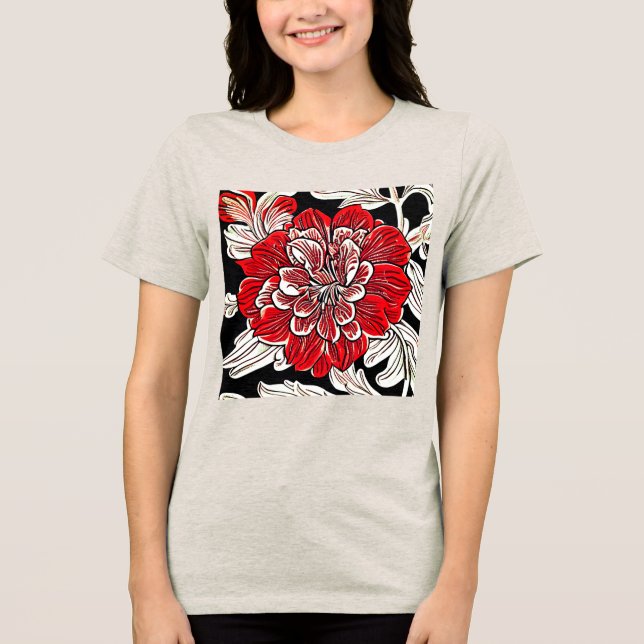 Camiseta Triblenda Flor de Art Nouveau blanca y negra roja (Anverso)