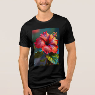 Camiseta Triblenda Flor vibrante roja hibiscus con hojas 45328