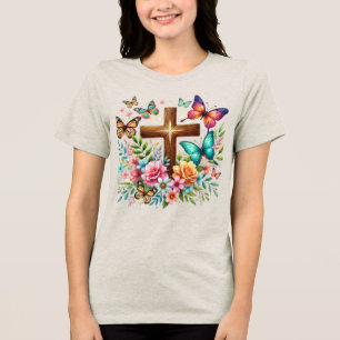 Camiseta Triblenda Floral Cruz Cristiana Mariposas Religiosa