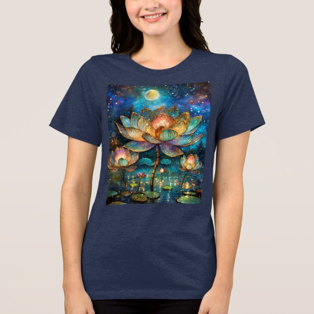 Camiseta Triblenda Flores de Lotus de vidrio manchado en la luna (Anverso)
