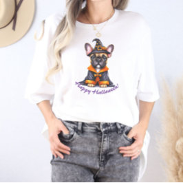 Camiseta Triblenda Frenchie Halloween Purple Robe Witchy Hat
