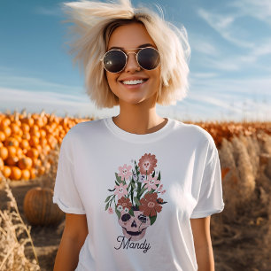 Camiseta Triblenda Fun Spooky Blooming Floral Halloween Skull