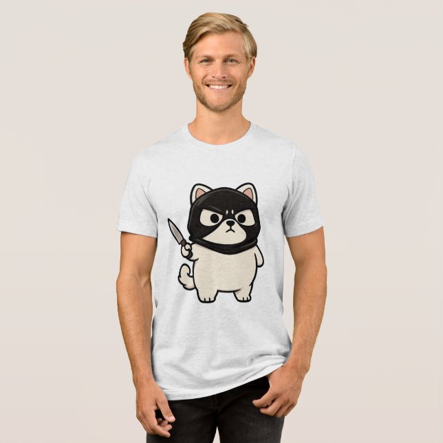Camiseta Triblenda Funny Pegatina de gato blanco con máscara y cuchil (Anverso Completa)