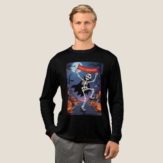 Camiseta Triblenda Funny Skeleton Dancing with "Happy Halloween" Bann (Anverso Completo)