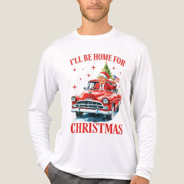 Camiseta Triblenda Funny Trump Santa Hat Estaré en casa para Navidade (Anverso )