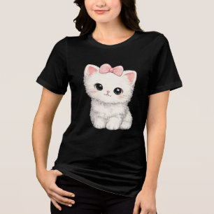 Camiseta Triblenda Gatito Blanco Adorable con Lazo Rosa