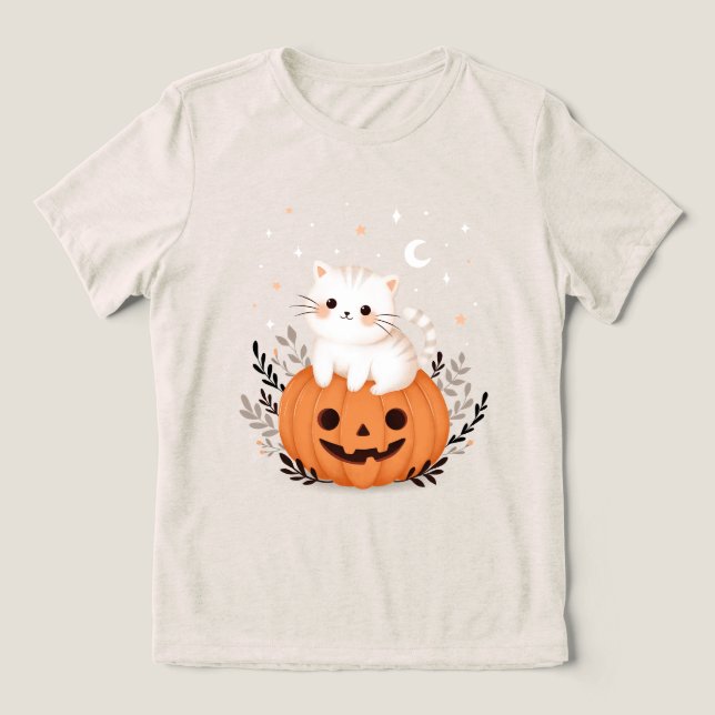 Camiseta Triblenda Gatito lindo en el Ilustracion Halloween de calaba (Diseño delantero )