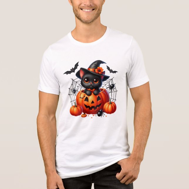 Camiseta Triblenda Gatito negro en una calabaza de Halloween (Anverso)