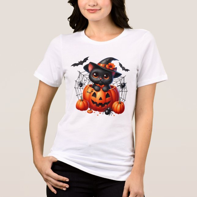 Camiseta Triblenda Gatito negro en una calabaza de Halloween (Anverso)