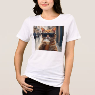 Camiseta Triblenda Gato bebiendo café en una calle