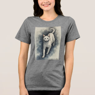 Camiseta Triblenda Gato Blanco en Estilo de Dibujo con Tinta China
