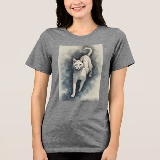 Camiseta Triblenda Gato Blanco en Estilo de Dibujo con Tinta China