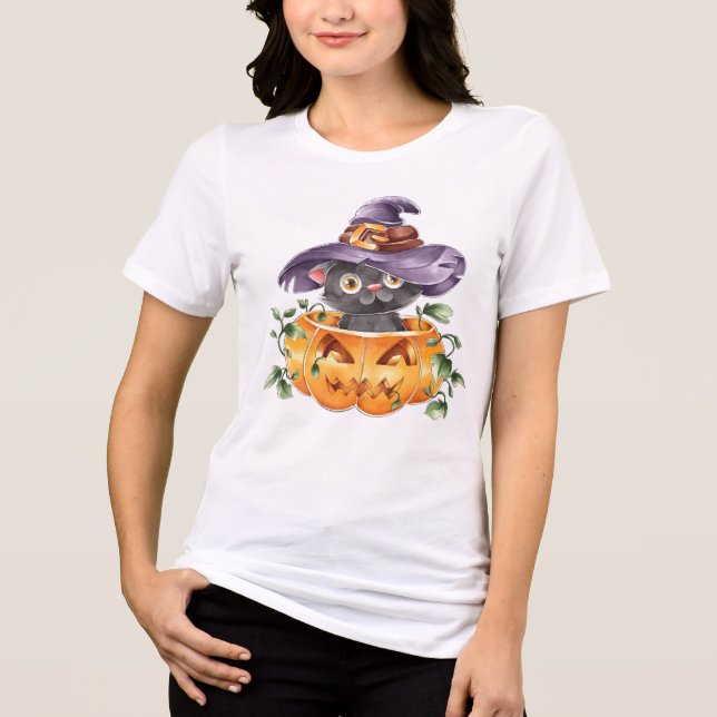 Camiseta Triblenda Gato de Halloween con acuarela cúpula (Anverso)