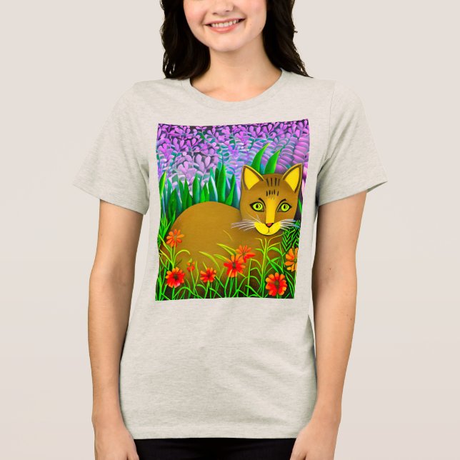 Camiseta Triblenda Gato de ojos verdes en un jardín de flores (Anverso)