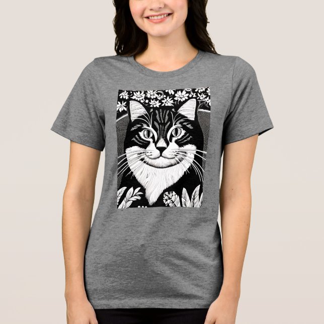 Camiseta Triblenda Gato de Tabby rodeado de flores (Anverso)