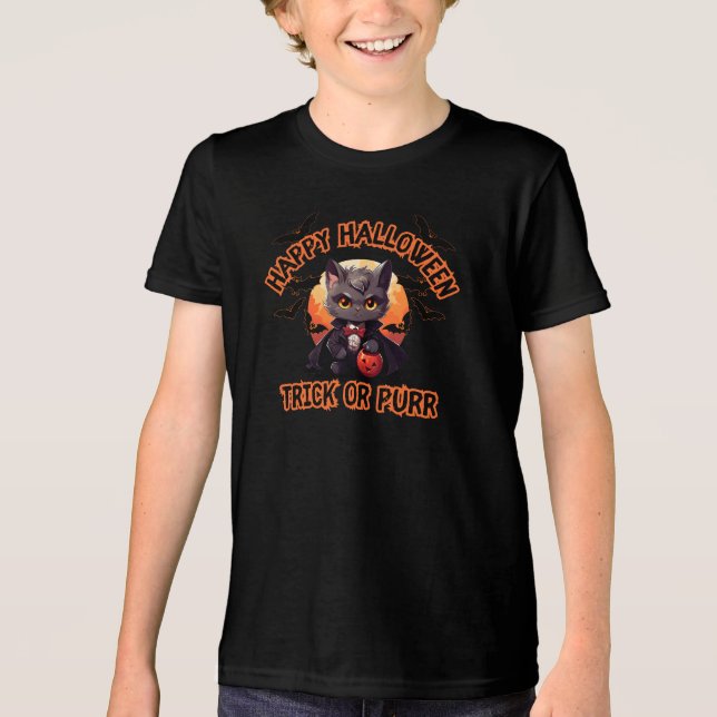 Camiseta Triblenda Gato de vampiros Halloween Calabaza Bat Spooky Fes (Anverso)