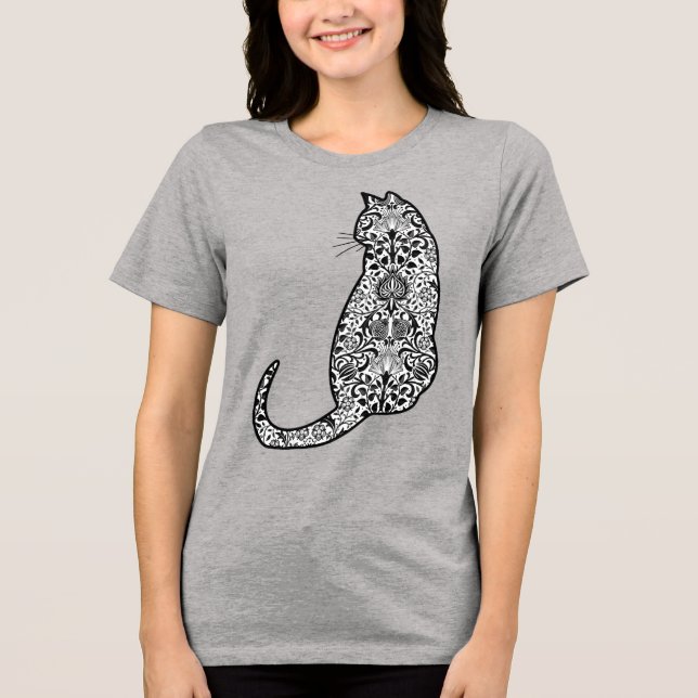 Camiseta Triblenda Gato en un patrón Art Nouveau blanco y negro (Anverso)