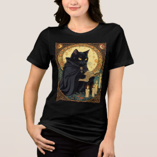 Camiseta Triblenda Gato Felino de Color Negro de Halloween Leyendo Un