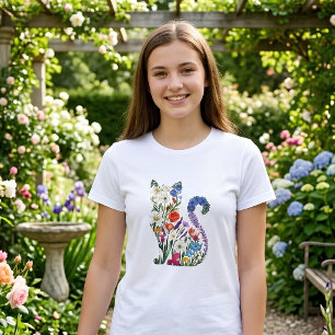Camiseta Triblenda Gato Floral Elegante para Mujeres