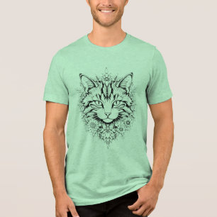 Camiseta Triblenda Gato floral místico - Arte blanco y negro intrinca