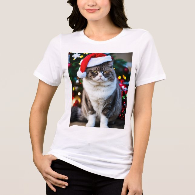 Camiseta Triblenda Gato gruñón en un Gorra Navidad: Diversión festiva (Anverso)