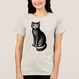 Camiseta Triblenda Gato Juguetón Estilo Xilografía