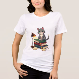 Camiseta Triblenda Gato lectónico: Gato gatito en un montón de libros