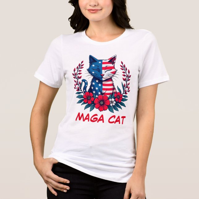 Camiseta Triblenda Gato MAGA Trump Bandera Americana Flores Rojas Pat (Anverso)