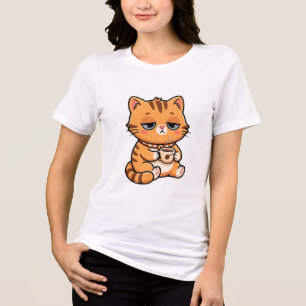 Camiseta Triblenda Gato Naranja Divertido Cansado Bebiendo Café 