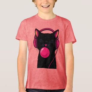 Camiseta Triblenda Gato Negro con Auricular de Teléfono Rosa – Minima
