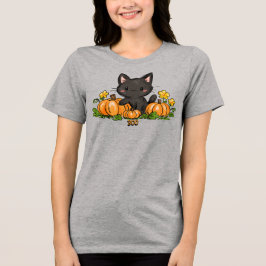 Camiseta Triblenda Gato negro de Halloween lindo con calabazas naranj