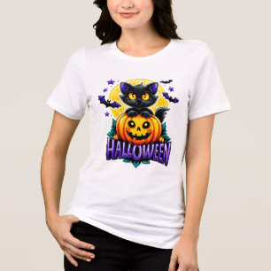 Camiseta Triblenda Gato negro de Halloween sentado en una calabaza