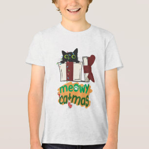 Camiseta Triblenda Gato negro de Santa Claus enredado en luces de árb