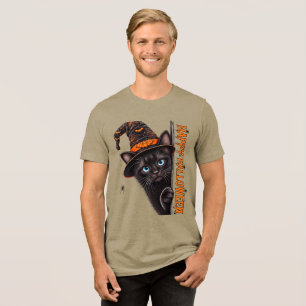 Camiseta Triblenda Gato Negro Espeluznante Sombrero de Bruja Hallowee