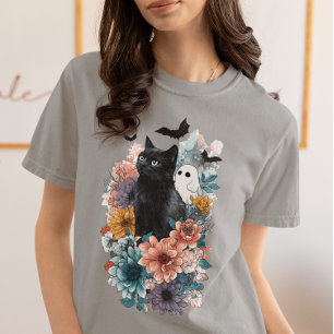 Camiseta Triblenda Gato negro fantasma Halloween floral