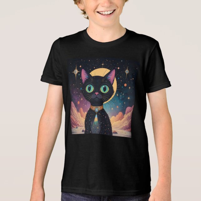 Camiseta Triblenda Gato negro futurista atómico en luz de la luna (Anverso)