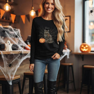 Camiseta Triblenda Gato negro vintage "Boo" Jack-o'-Lantern de Hallow