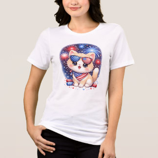 Camiseta Triblenda Gato Patriótico Adorable 4 de Julio Kawaii