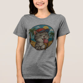 Camiseta Triblenda Gato Sonriente Comiendo Helado – Pegatina Adorable