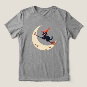 Camiseta Triblenda Gato Vintage En Broom Crescent Moon Cute Halloween
