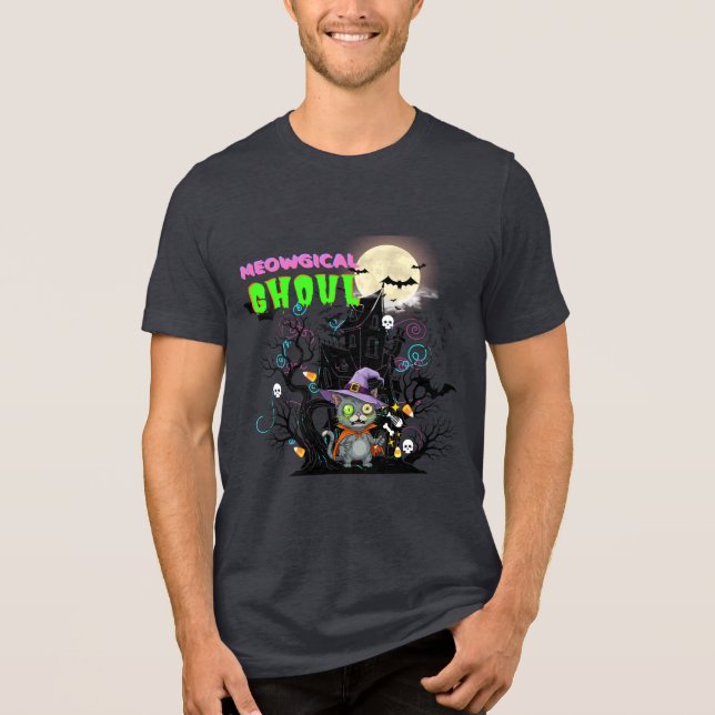 Camiseta Triblenda Gato zombi "Meowgical Ghoul" Gráfico de Halloween (Anverso)