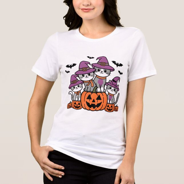 Camiseta Triblenda Gatos de Halloween en calabazas (Anverso)