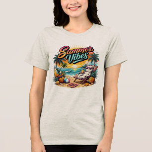 Camiseta Triblenda Gatos de verano en la playa Puesta de sol tropical