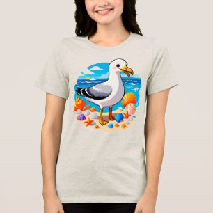 Camiseta Triblenda Gaviota Feliz en Playa de Arena con Conchas Marina