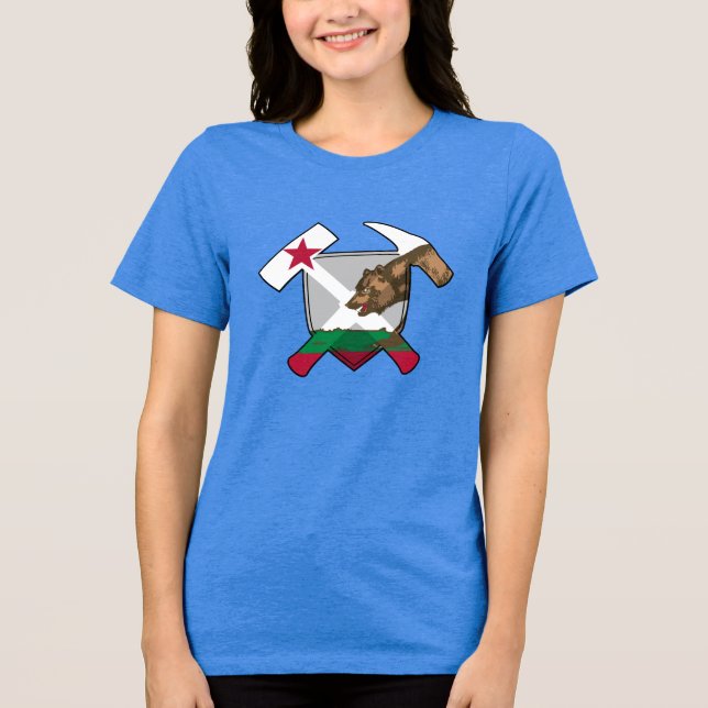 Camiseta Triblenda Geólogo de California - Rock Hammer and Shield (Anverso)